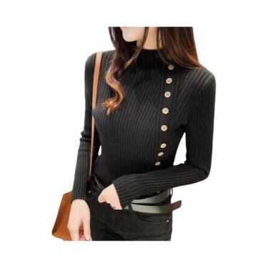 Imagem de Suéter Feminino De Malha Com Gola Alta E Manga Longa, Ajuste Slim, Cam