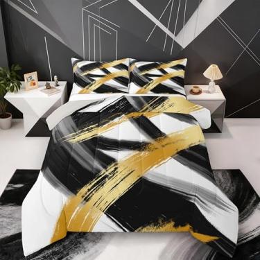 Imagem de Feelyou Conjunto de edredom Queen dourado preto, geométrico, abstrato, para meninos e meninas, moderno, minimalista, decoração de quarto, microfibra macia, respirável, todas as estações, 3 peças com 2