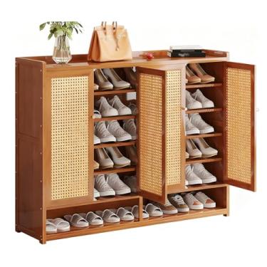 Imagem de SPXMQSS Armário de sapatos com portas, armário de armazenamento de sapatos grande de 7/8 níveis para entrada de bambu, sapateira independente para corredor, sala de estar, quarto, armário marrom 120 x
