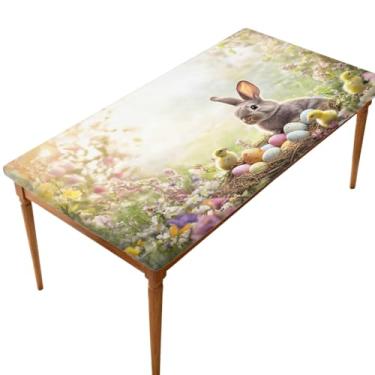 Imagem de Toalha de mesa retangular com borda elástica, ovos de coelhinho da Páscoa da primavera, toalha de mesa dobrável para piquenique ao ar livre, para mesas de 1,8 m, impermeável à prova de óleo, para