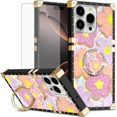 Imagem de Asuwish Capa de celular para iPhone 16 Pro 6,3 polegadas capa magnética com protetor de tela de vidro temperado e pintura flor anel protetor à prova de choque suporte rígido i Phone16 i16 16Pro