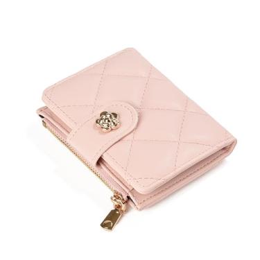 Imagem de Carteira pequena para mulheres, fecho floral, fina, acolchoada de couro sintético, porta-moedas e porta-cartões, rosa, One Size, Clássico