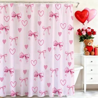 Imagem de Mocsicka Cortina de chuveiro para dia dos namorados, preto, rosa, laço amor, coração, banheiro, cortina de chuveiro de tecido impermeável, decoração de banheira com 12 ganchos 182 x 182 cm (rosa)