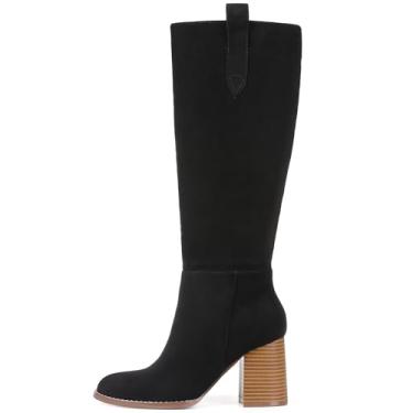 Imagem de Mattiventon Botas cano alto 2025 outono bico redondo grosso confortável moderno camurça longo botas sociais, Preto, 35