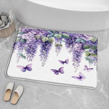 Imagem de JEJOMEAG Wisteria Tapete de banho floral roxo aquarela flores borboleta lilás primavera rústica casa de fazenda espuma de memória capacho macio cozinha tapete de casa de banho/tapetes, 45 x 76