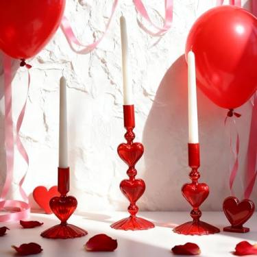 Imagem de Mumufy 3 peças de castiçal de vidro para o dia dos namorados, castiçal de vidro com coração vermelho, castiçal, decoração de vaso para festa de casamento, mesa de centro de mesa