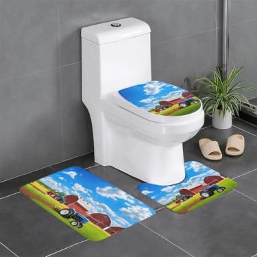 Imagem de ZERAOKE Company Farm Tractor - Conjunto de tapetes de banheiro com estampa de 3 peças - tapetes de flanela antiderrapantes, secagem rápida e almofada de vaso sanitário em forma de U para banheira