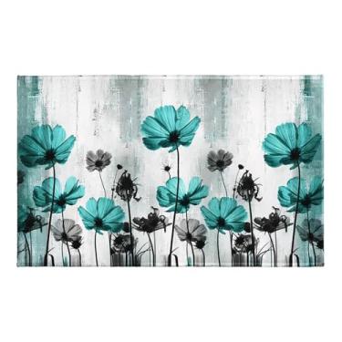 Imagem de Tapete de banho floral azul-petróleo turquesa flor tapete de banho macio tapete absorvente 50 x 81 cm tapete de chuveiro antiderrapante para banheiro, sala de estar, varanda