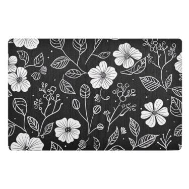 Imagem de STAYTOP Capachos para ambientes externos com flores pretas e brancas 81 x 50 cm, tapete de boas-vindas interno, tapetes de banho fofos, capacho frontal antiderrapante para entrada, pátio, áreas de