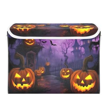 Imagem de WELLDAY Caixa de armazenamento de abóboras de Halloween com tampas, bancos maiores dobráveis de armazenamento de tecido com alças para sala de estar, sala de jogos, quarto, berçário 40 x 32 x 39 cm