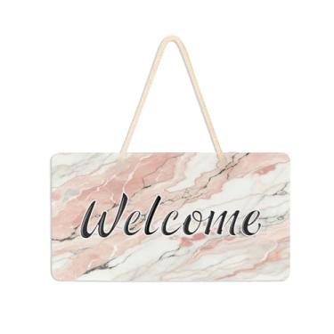 Imagem de Burbuja Placa de boas-vindas de mármore rosa para porta da frente, placa de boas-vindas de PVC para decoração de férias, 15 x 28 cm