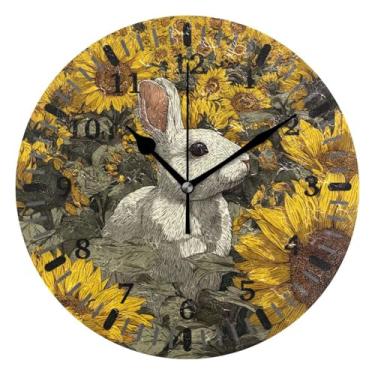 Imagem de CEBUGI Coelho girassóis relógio de parede operado a bateria relógios redondos silenciosos sem tique-taque relógios de parede para cozinha, banheiro, quarto, escritório, decoração 25,4 cm