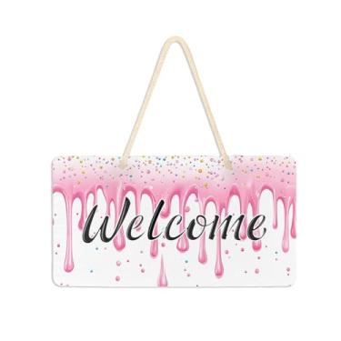 Imagem de Burbuja Placa de boas-vindas rosa pingando granulado para porta da frente, placa de boas-vindas de PVC para decoração de férias de casa de fazenda, 15 x 28 cm