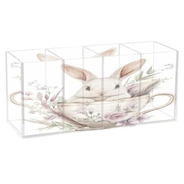 Imagem de Burbuja Porta-canetas de acrílico Bunny in Teacup, 4 compartimentos, suporte de lápis transparente para pincéis de maquiagem fixos, acessórios de mesa de escritório em casa