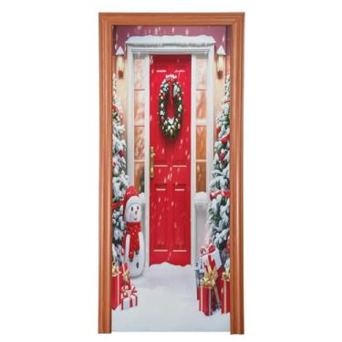 Imagem de Qilmy Decoração de cobertura de porta de corredor de porta vermelha de Natal 81 x 200 cm tecido grande para decoração de festas de fim de ano para porta da frente, varanda, decoração externa, parede
