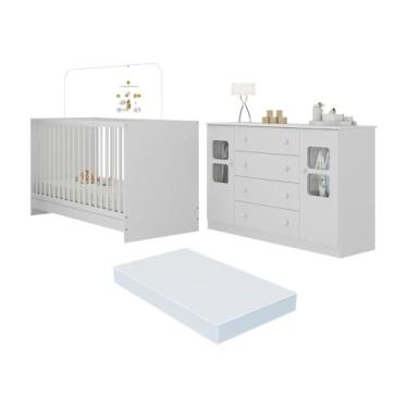 Imagem de Berço 3 em 1 com Colchão Incluso e Cômoda 2 Portas 4 Gavetas Brisa Multimóveis Mp4755 Branco