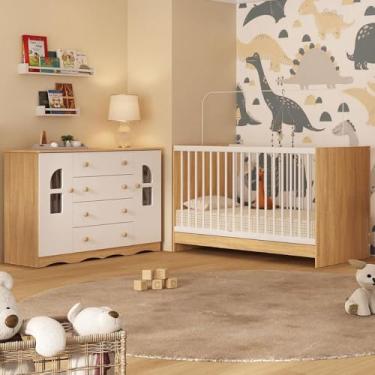 Imagem de Berço 3 em 1 para Colchão 130x60cm com Cômoda 2 Portas 4 Gavetas Liz Multimóveis Mp4765 Madeirado/branco