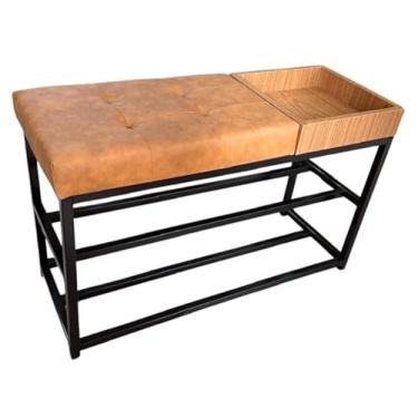 Imagem de Sapateira Com Banco Macio 90cm Estilo Industrial Com Porta Objetos 10 Pares sapateira hall de entrada para Entrada, Quarto ou Varanda(Estrutura Preta/Assento Marrom)