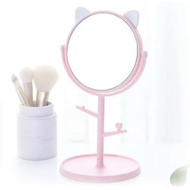 Imagem de Mini Espelho de Mesa Penteadeira Porta Bijuteria Gatinha – Organizador de Maquiagem e Joias Decorativo (1pç rosa)