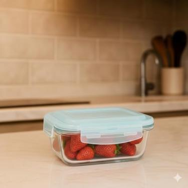 Imagem de Pote de Vidro Hermético com Tampa Plástico, 370ml, 4 Travas, Anel de Silicone Removível, 12,5x10x5 cm, para Microondas e Forno