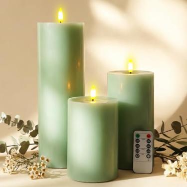 Imagem de Retisee 3 velas de LED sem chama, verde sálvia, primavera, Páscoa, com pilar remoto, velas cintilantes sem chama, para decoração de luz de casamento em ambientes internos e externos (15,4 cm/20,3 cm x