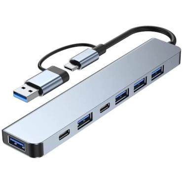 Imagem de Adaptador de transferência de dados USB 3.0 de alta velocidade 7 em 1, expansão de várias portas com conectores tipo C e USB-A, compatível com tablets, suporta tensão operacional de 5 V, fonte de