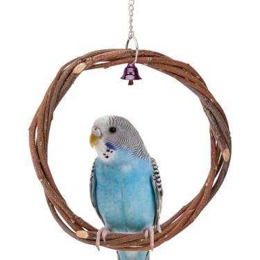 Imagem de GORGECRAFT Anel de poleiro de madeira natural, gaiola circular de pássaros escalando mordendo, suporte para pendurar poleiros com sino de ferro prateado e corrente para papagaios, calopsitas, cacatuas