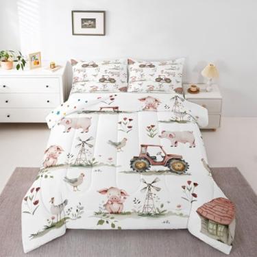 Imagem de jejeloiu Jogo de cama solteiro de vaca com animais de fazenda, rústico, para crianças, meninos, meninas, decoração de quarto, microfibra, 2 peças com 1 fronha