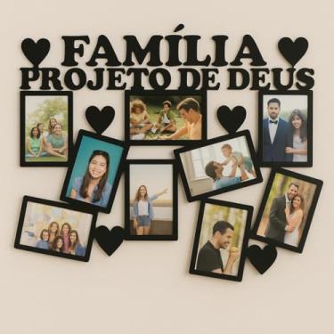 Imagem de Painel Porta Retrato Mural de Parede Família Projeto de Deus para 9 Fotos 10x15cm - MDF Preto Decorativo