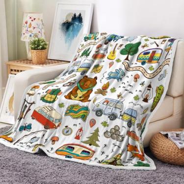 Imagem de Cobertor de lã infantil para acampamento, animais fofos para trailers de viagem, cobertor de pelúcia super macio para cama, sofá e sofá, acessórios de viagem para trailers, cobertor de acampamento
