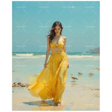 Imagem de Kit de pintura por números para meninas de praia para adultos – DIY mulher andando de saia amarela pelo mar pintura em tela, conjunto de tinta acrílica para iniciantes, arte para decoração de casa ou