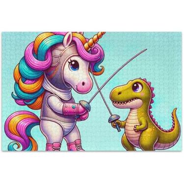Imagem de Quebra-cabeça de dinossauro de unicórnio fofo para adultos, 1000 peças, decoração de arte, pintura, quebra-cabeça colorido, presentes para jogo de elefante branco, 75 x 40 cm