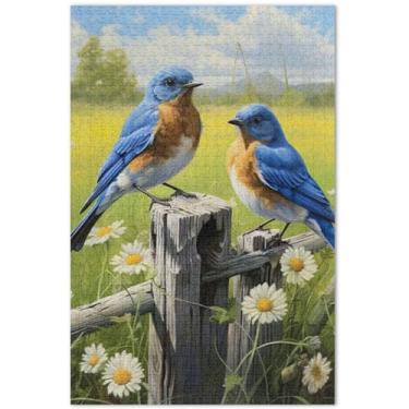 Imagem de Quebra-cabeça de pássaros azuis florais de grama personalizada para adultos 1000 peças presentes engraçados de tecnologia de jogo paisagem, paisagem, 75 x 40 cm