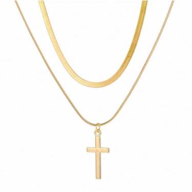 Imagem de davka Colar de cruz de ouro para mulheres e homens – Pingente de cruz empilhável banhado a ouro 14K, impermeável e não mancha, joia simples moderna para Páscoa, batismo, fé cristã, presentes