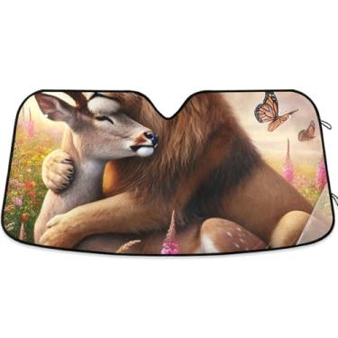 Imagem de Guarda-sol de carro bonito floral leão veado para para-brisa bonito personalizado retrátil acessórios de carro persianas para-brisa frontal L, 144.8 cm x 80.0 cm