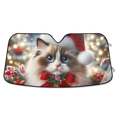Imagem de Toldo de Natal gato Ragdoll gatinho para para-brisa de carro engraçado universal retrátil caminhão carro persianas para protetor de janelas dianteiras M, 139,7 cm x 70,1 cm