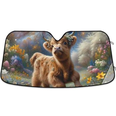Imagem de Guarda-sol Highland Cow Calf Spring Floral para para-brisas de carro Engraçado Personalizado Retrátil Para-brisa Automotivo Para-brisas Animal Floral S, 134,6 cm x 59,7 cm