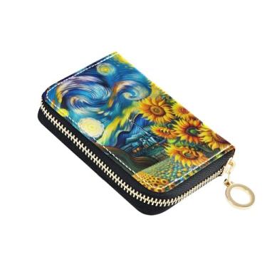 Imagem de Carteira feminina com bloqueio de RFID, carteira feminina pequena de couro com zíper e bolso para moedas, pintura de girassóis à noite estrelada