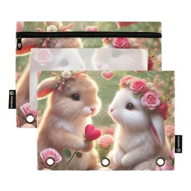 Imagem de Pasta de lápis para meninas, 3 anéis, bolsa para canetas, fichário com zíper, fichário macio, escola, transparente, bolsos, romântico, coelhinho, rosa, amor, 25 x 18 cm, 2 pacotes
