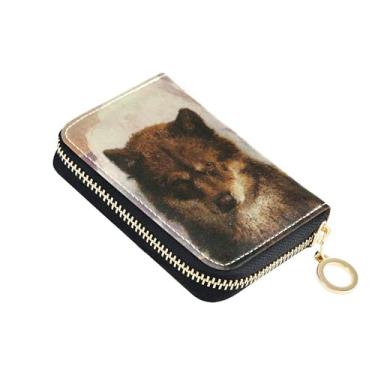 Imagem de Carteira feminina pequena com bloqueio de RFID, carteira de couro com zíper e chaveiro estampa de lobo Frederic Edwin Church
