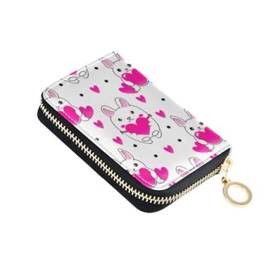 Imagem de Carteira feminina de couro com bloqueio de RFID, carteira pequena para dinheiro de viagem com bolso para moedas, coelhinhos brancos, corações rosa