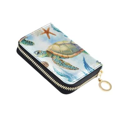 Imagem de Carteira feminina pequena de animais com bloqueio de RFID, carteira de cartão de crédito fofa aquarela tartaruga marinha colorida com zíper e chaveiro