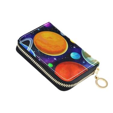 Imagem de Carteira feminina com zíper para cartão de crédito, bloqueio de RFID, couro com zíper, carteira de viagem com chaveiro colorido planetas do espaço sideral