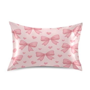 Imagem de Blueangle Fronha de cetim refrescante para cabelo e pele, capa de travesseiro de dia dos namorados com laços rosa, tamanho padrão 51 x 66 cm com fecho de envelope (118)