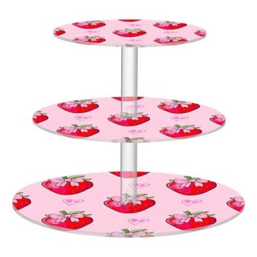 Imagem de Suporte de cupcake para festa de chá de 3 níveis, rosa, laços de morangos, copos, torre de bolo, exibição de acrílico, para chá de bebê, sobremesa, bandejas de servir para festa, buffet de comida