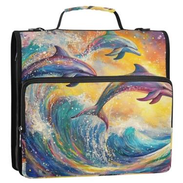 Imagem de Fichários coloridos de golfinhos oceânicos de 3 cm com 3 anéis para fichários resistentes com zíper, bolsa escolar com alça de ombro, pasta grande para portfólio de armazenamento com alça