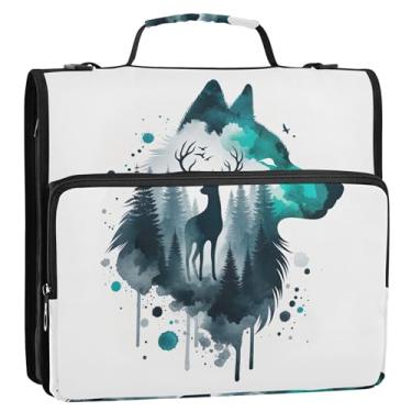 Imagem de Impressão artística de animais de veado lobo 3 cm fichário resistente com zíper organizador de fichários escolares com alça de ombro pasta de armazenamento floral com alça de ombro pasta de portfólio