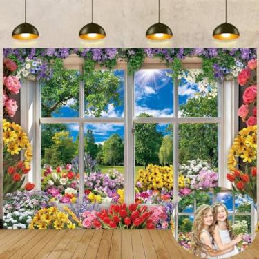 Imagem de Pano de fundo de primavera para fotografia, 20 x 1,8 m, jardim, flores vibrantes, fundo de janela, primavera, paisagem, decoração de festa, suprimentos para fotos