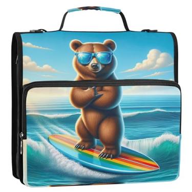 Imagem de Fichário com 3 anéis de 3 anéis, anel D fofo com estampa de urso surfista, bolsa organizadora com alça para diversão escolar, suporte para 500 folhas