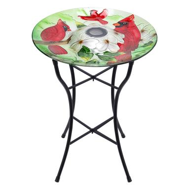 Imagem de MUMTOP Banheiras de vidro para pássaros, 40,6 cm de largura, jardim, vermelho, cardeais, tigela de banho para pássaros com luz solar e suporte de metal, alimentador de pássaros de vidro grande para